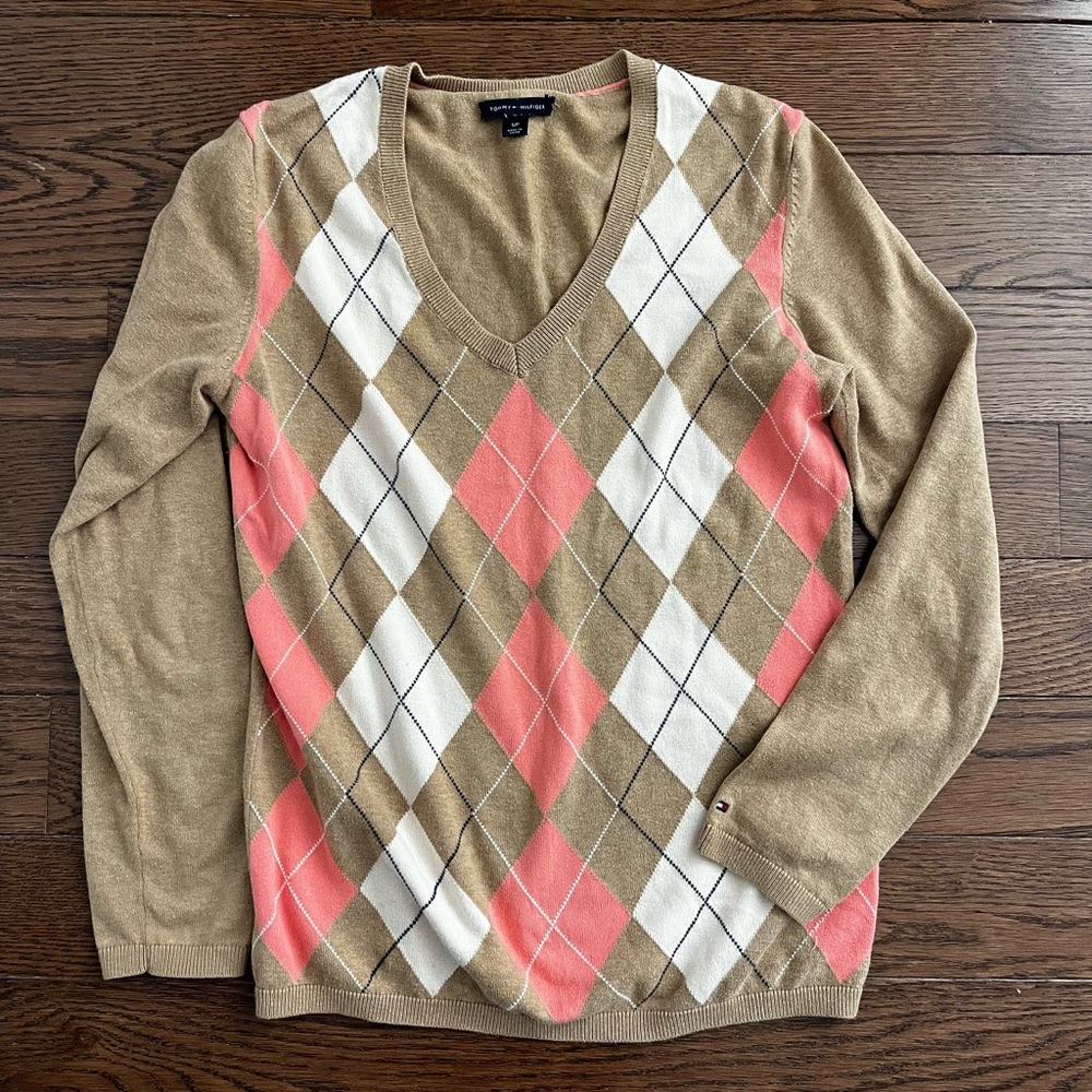 Tommy Hilfiger Argyle V-Neck Sweater - Brown, Pink, and White
